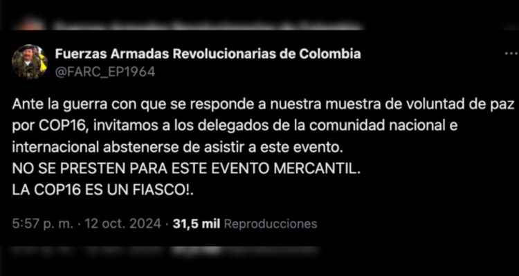Disidentes de las FARC amenazan a la COP16 en Colombia e instan a invitados a no asistir