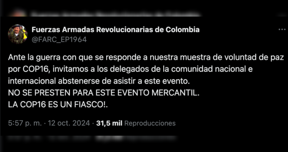Disidentes de las FARC amenazan a la COP16 en Colombia e instan a invitados a no asistir