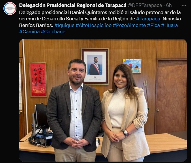 Anuncio del saludo protocolar entre el delegado presidencial y la "nueva" autoridad. 