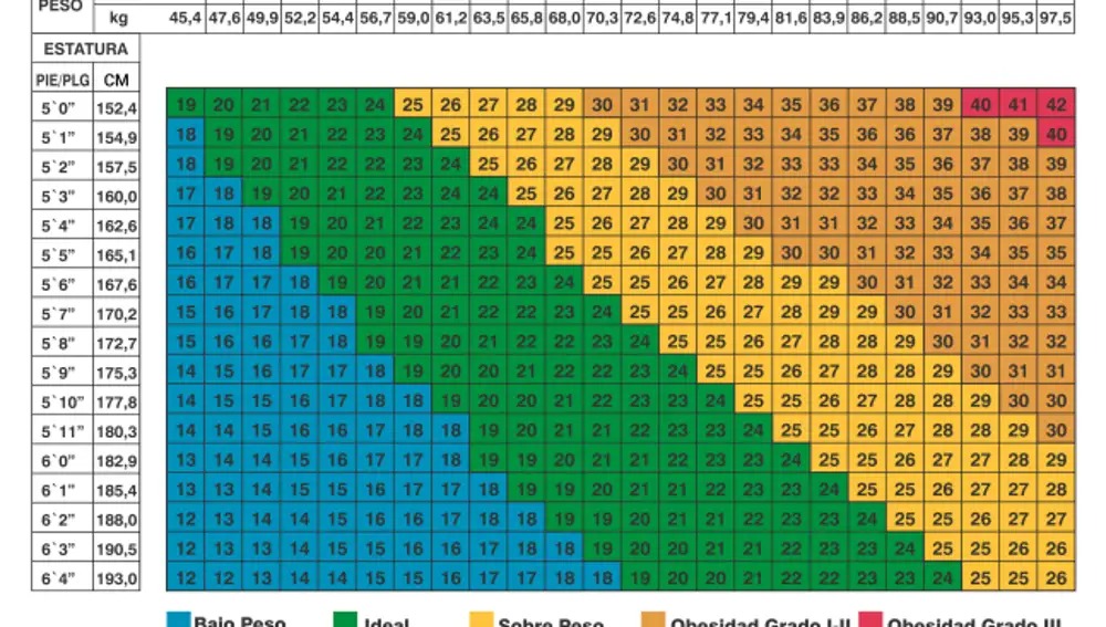 Escala del Indice de Masa Corporal IMC peso estatura ideal