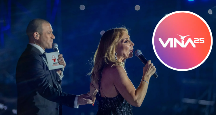 Julián Elfenbein junto a Karen Doggenweiller animando la Teletón 2023 y logo del Festival de Viña 2025 en referencia a posibilidad de animar el evento