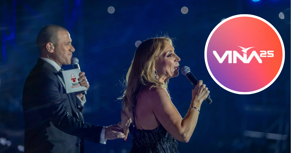 Julián Elfenbein junto a Karen Doggenweiller animando la Teletón 2023 y logo del Festival de Viña 2025 en referencia a posibilidad de animar el evento