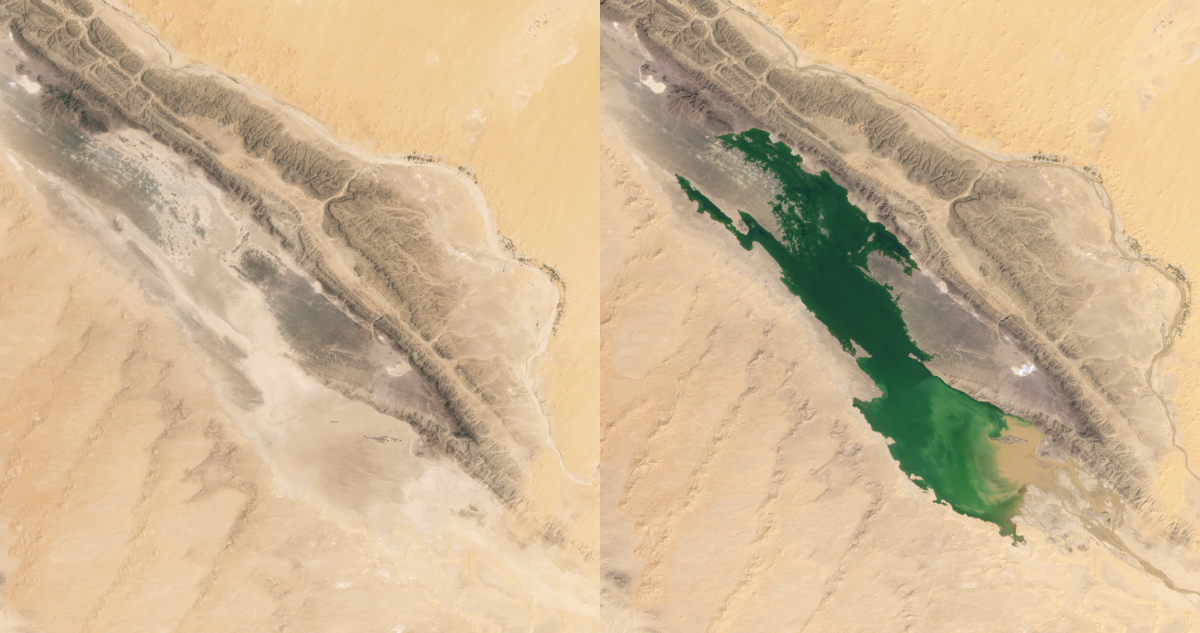 Fotos satelitales de un lago en el desierto del Sahara