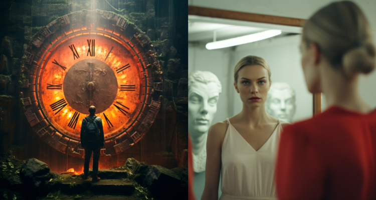 Ilustraciones creadas con Inteligencia artificial de una máquina del tiempo y de una persona mirando su reflejo en un espejo