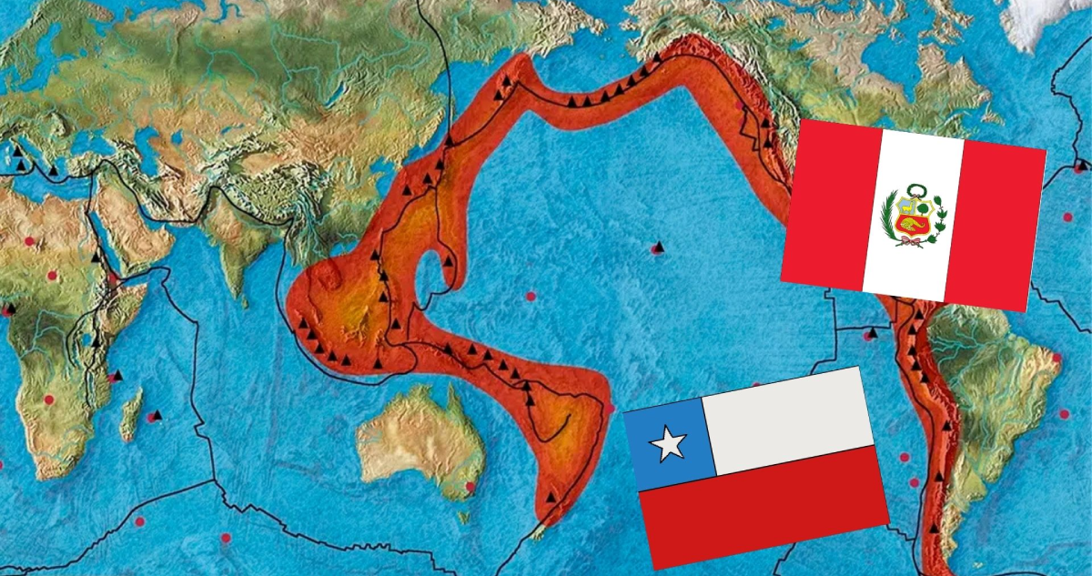Gráfica del Cinturón de fuego del Pacífico, por megaterremoto en Chile o Perú.
