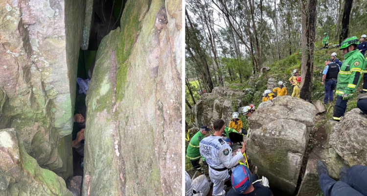 Una mujer quedó atrapada entre dos rocas por siete horas, luego de que intentara recuperar su teléfono que cayó entre bloques de piedra.