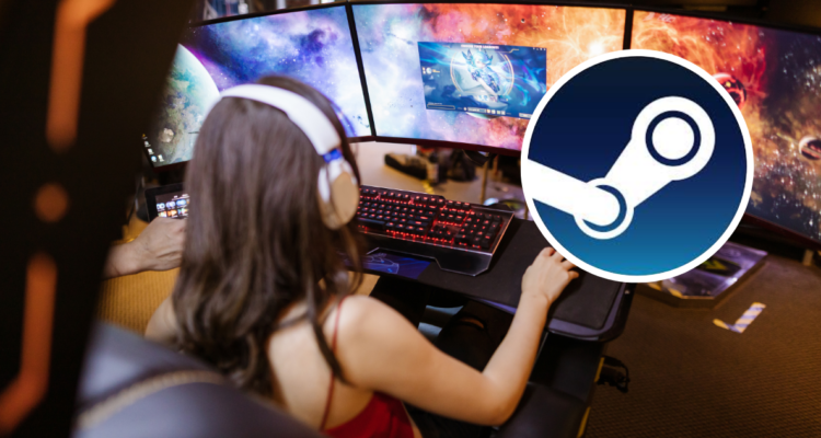 Mujer jugando un videojuego y logo de Steam en referencia a anuncio de la plataforma