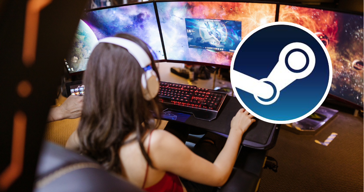Mujer jugando un videojuego y logo de Steam en referencia a anuncio de la plataforma