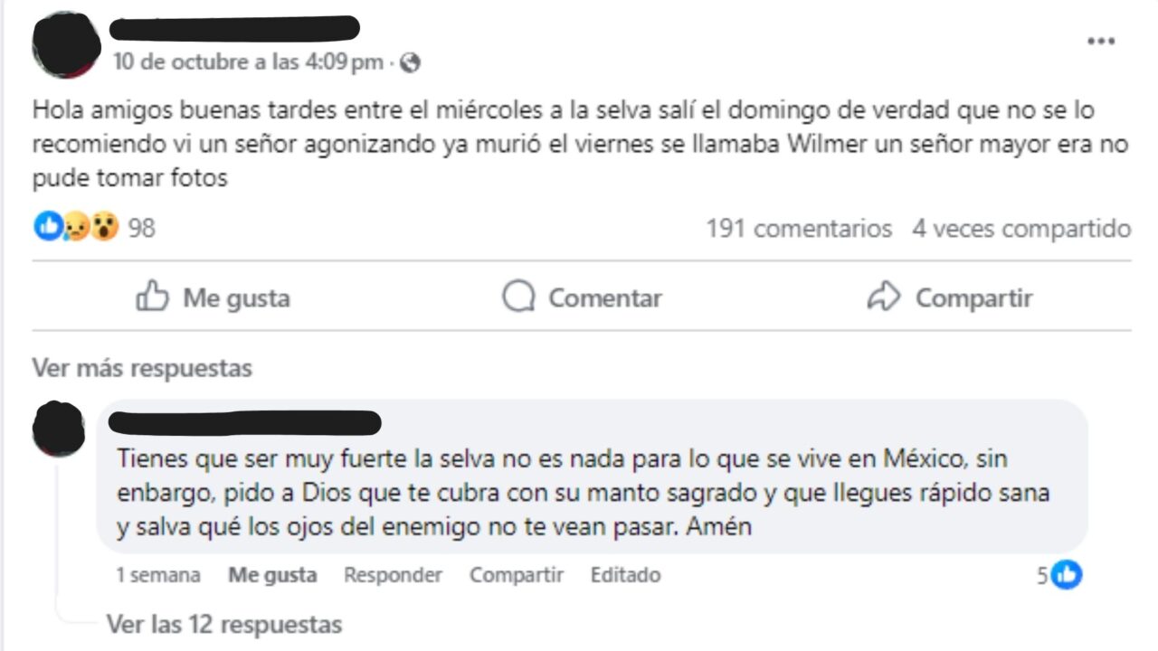 Mensajes en grupo de Facebook de migrantes que cruzan Tapón del Darién.