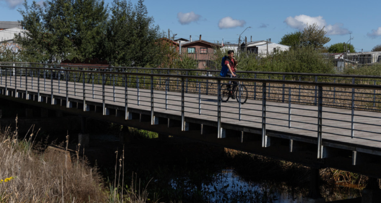 Persona andando en bicicleta en el marco de búsqueda de Valdivia para convertirse en Ciudad Humedal