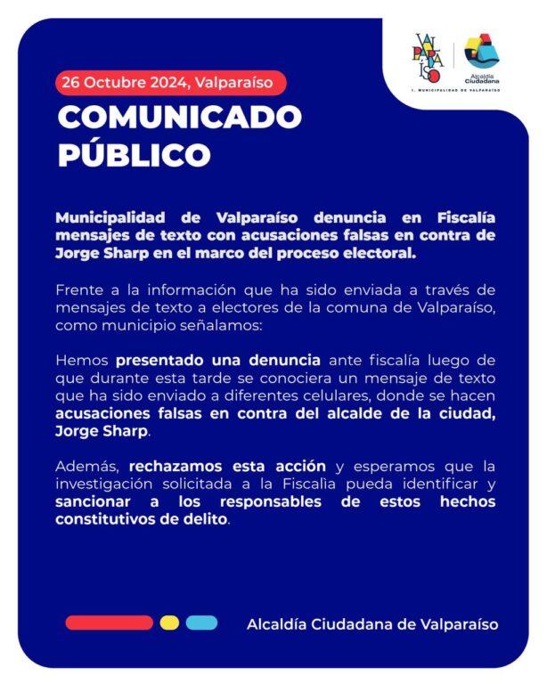 
Municipalidad de Valparaíso denuncia mensajes de texto con acusaciones falsas contra Jorge Sharp ante Fiscalía