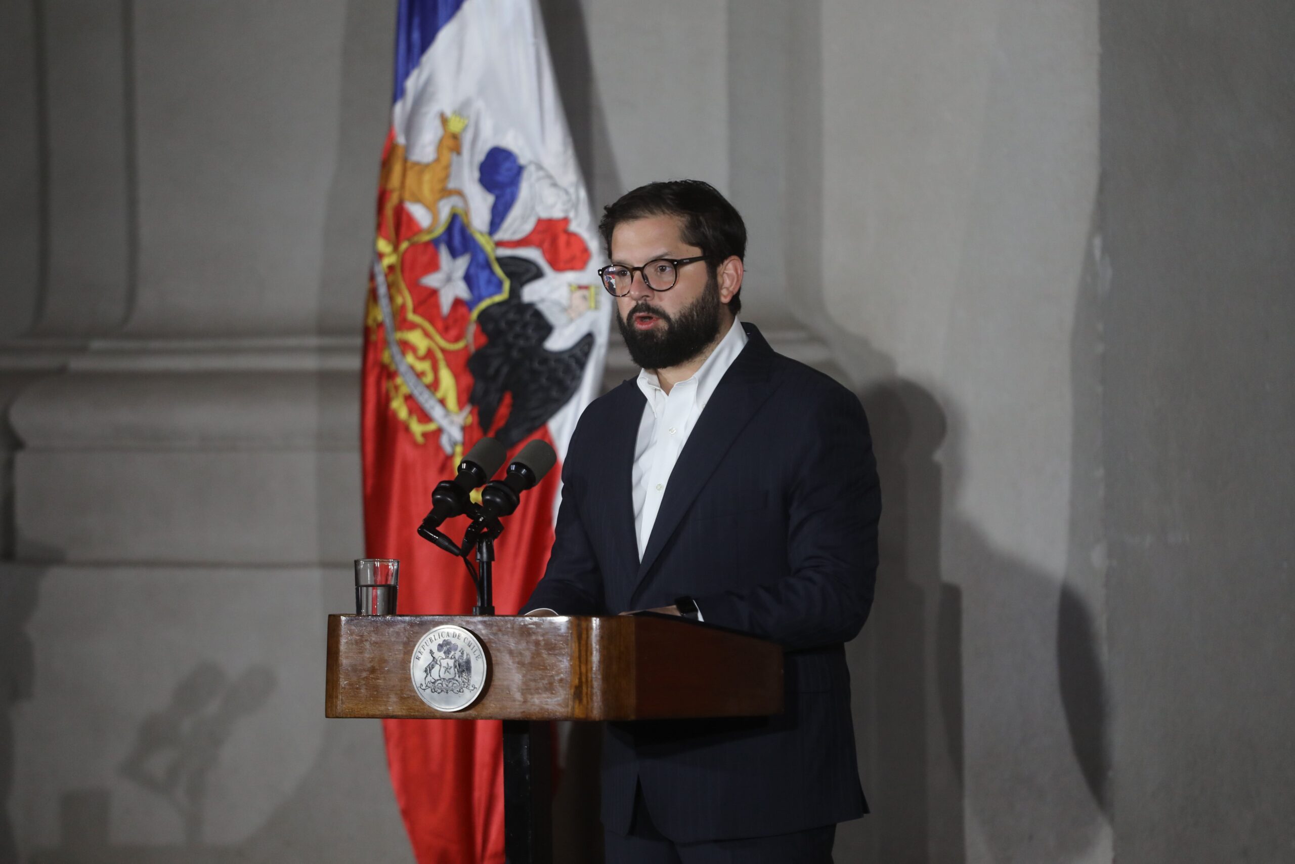 Gabriel Boric con la bandera atrás