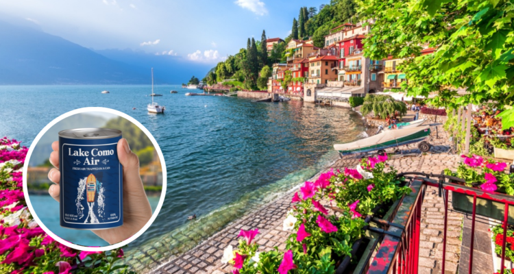 Fotografía del Lago de Como en Italia y lata de aire enlatado en referencia a souvenir