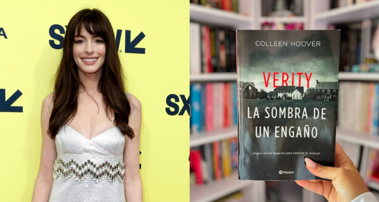 Anne Hathaway (izquierda) y libro de Colleen Hoover que se adaptará al cine (derecha)