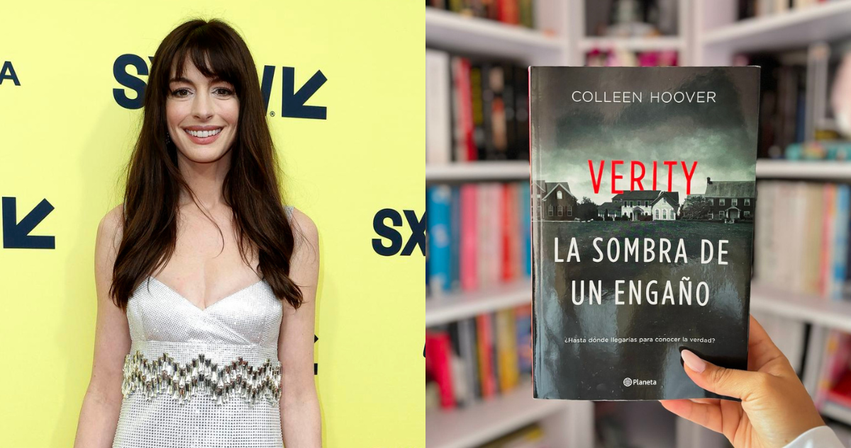 Anne Hathaway (izquierda) y libro de Colleen Hoover que se adaptará al cine (derecha)