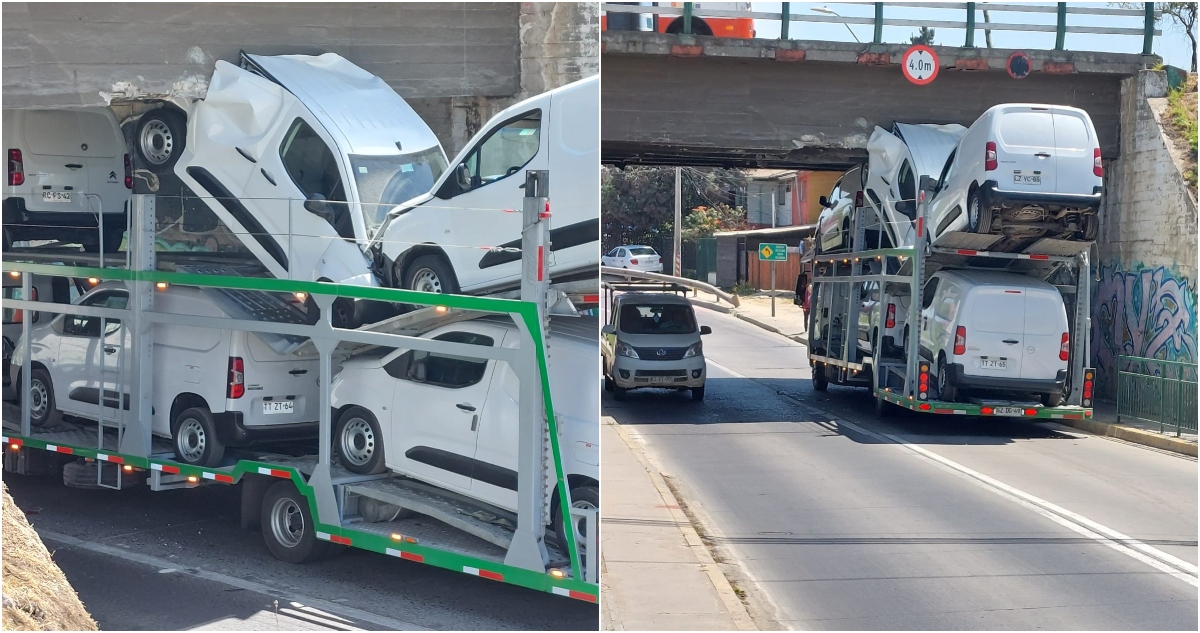 Camión que transporta vehículos queda atrapado en paso bajo nivel en Quilpué