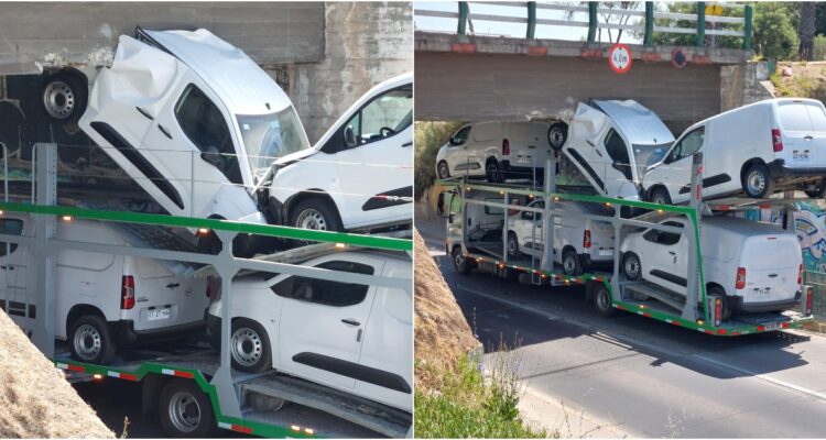 Camión que transporta vehículos queda atrapado en paso bajo nivel en Quilpué