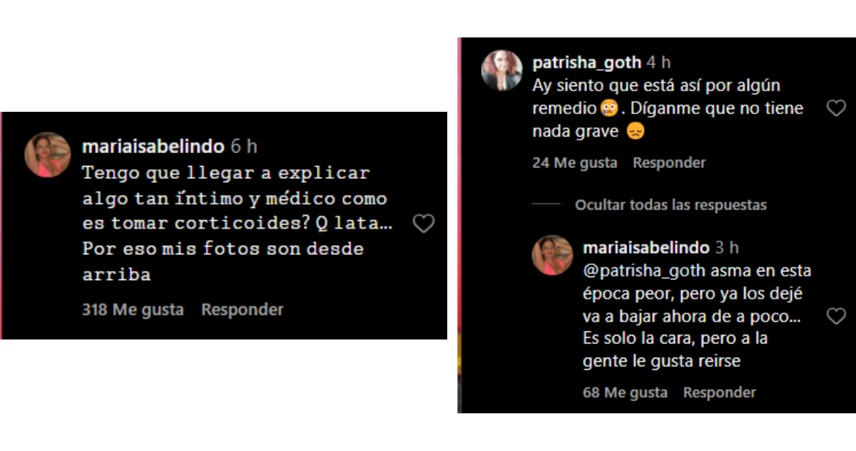 Comentarios de María Isabel Indo en Instagram por cambio en su aspecto producido por medicamentos