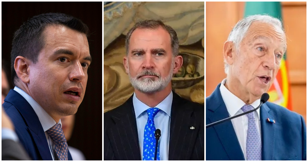 Daniel Noboa (Ecuador); el rey Felipe VI (España); y Marcelo Rebelo de Sousa (Portugal)