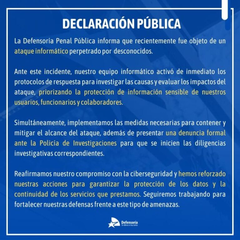 Defensoría Penal Pública informa de ataque informático en sus plataformas.