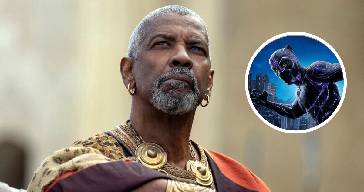 Denzel Washington en Gladiador 2 e ilustración de Pantera Negra de Marvel en miniatura