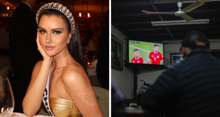 Emilia Dides y persona mirando futbol en referencia a declaraciones de la representante chilena a Miss Universo