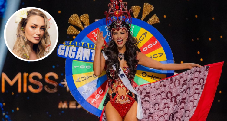 Emilia Dides con traje Típico en Miss Universo y miniatura de Daniela Nicolás