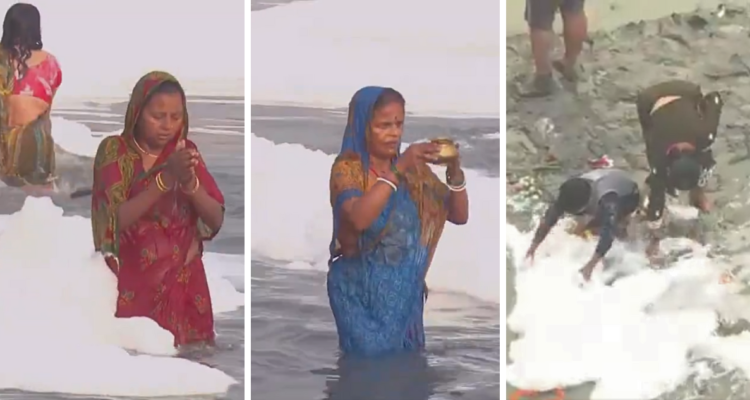 Feligreses en India se bañan en río sagrado, a pesar estar prohibido por contener espuma tóxica.