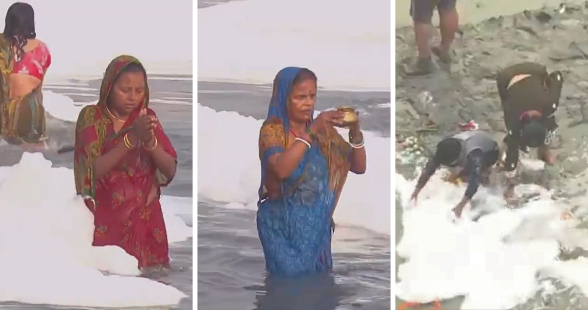 Feligreses en India se bañan en río sagrado, a pesar estar prohibido por contener espuma tóxica.