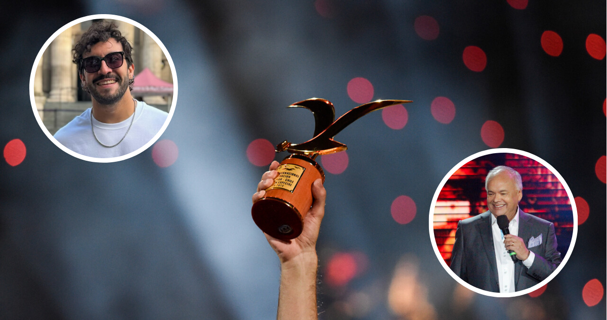 Fotografía de Gaviota del Festival de Viña 2025 y de humoristas, Edo Caroe y Álvaro Salas