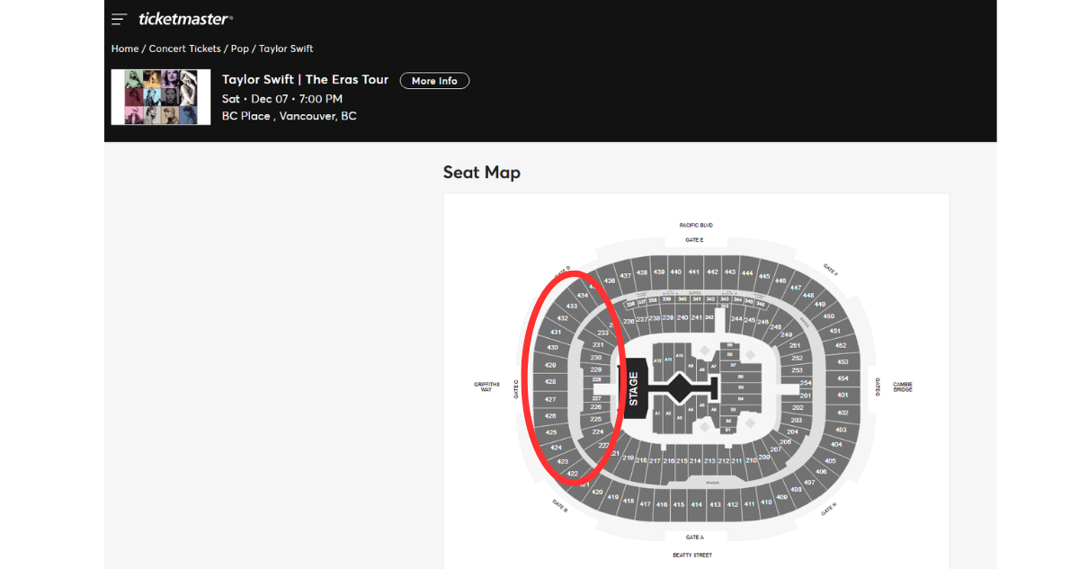 Mapa ubicaciones concierto Taylor Swift en Canadá