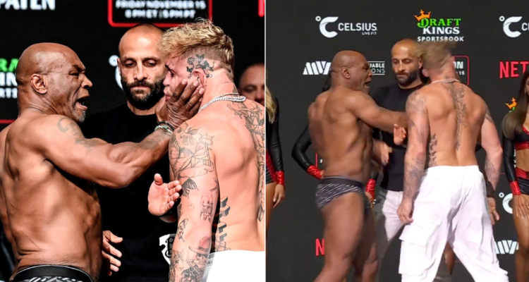 ¡Eso debió doler! El violento ’manotazo’ de Mike Tyson a Jake Paul en pesaje ante del histórico duelo