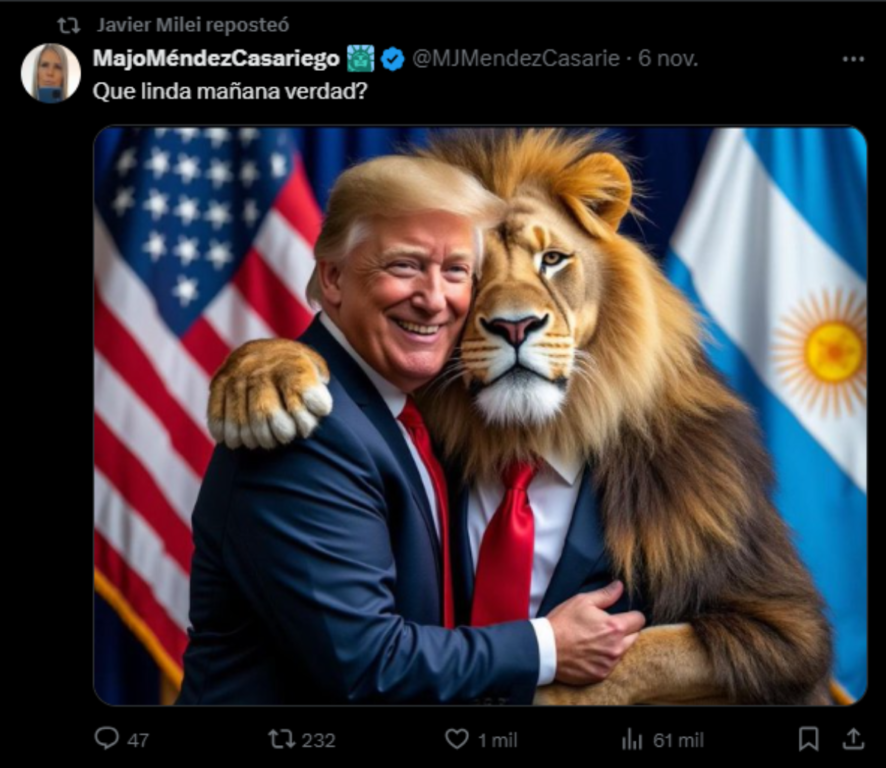 Javier Milei respostea imagen con IA de Trump y un león que lo simboliza. 