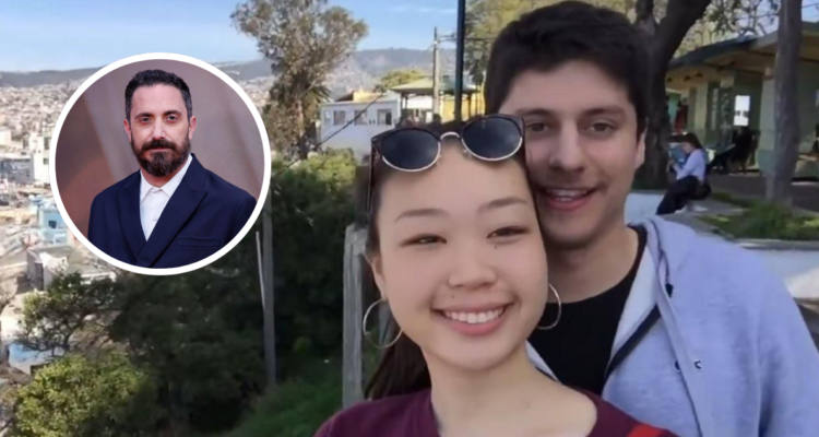 Narumi Kurosaki junto a Nicolás Zepeda y miniatura de Pablo Larraín en referencia a productora Fábula