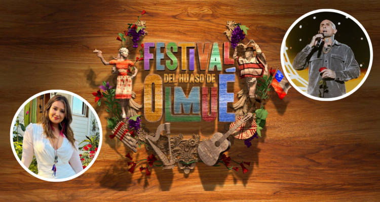 Logo del Festival del Huaso de Olmué y miniatura de Paula Rivas y Ke personajes en referencia a parrilla de artistas