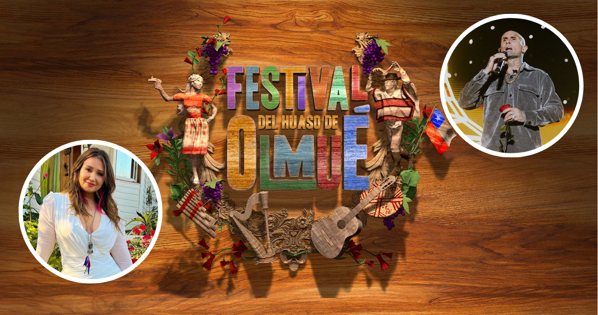 Logo del Festival del Huaso de Olmué y miniatura de Paula Rivas y Ke personajes en referencia a parrilla de artistas
