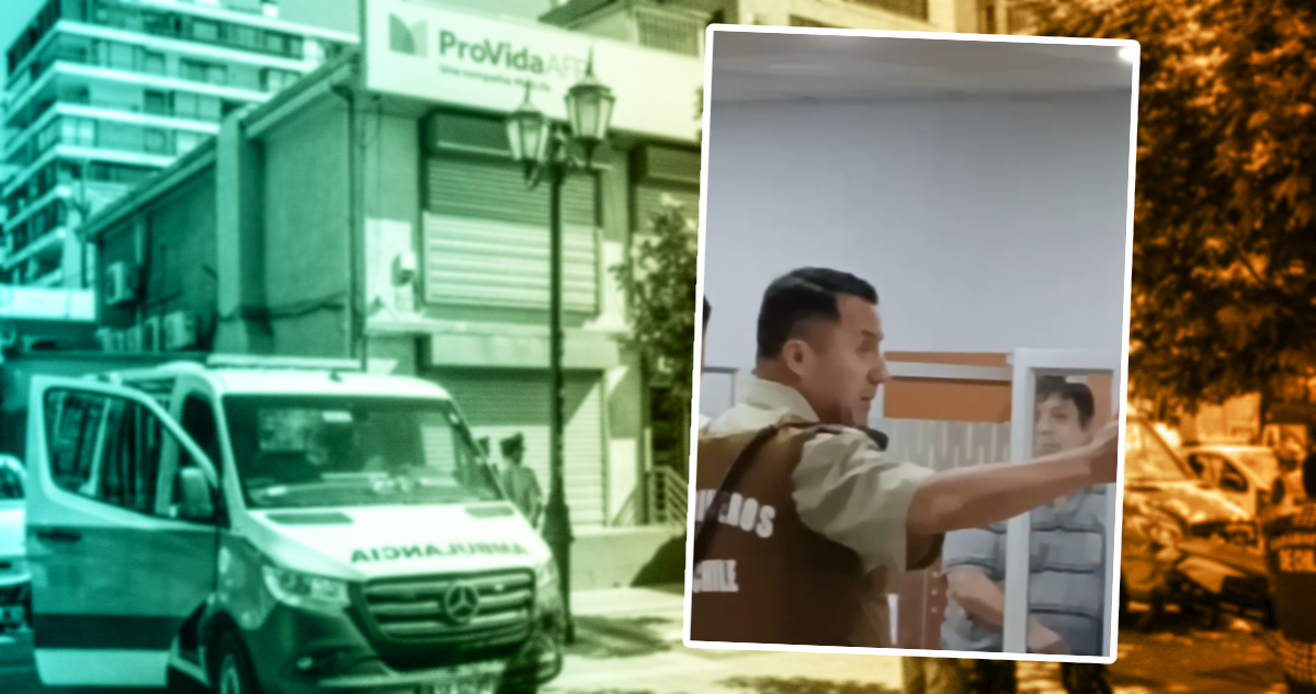 Se ve sede de AFP Provida y carabinero negociando con secuestrador.