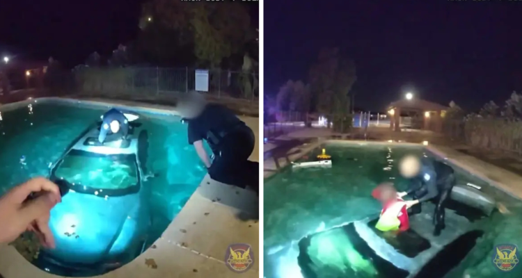 Policía logra rescatar rápidamente a un hombre atrapado en un auto sumergido en una piscina.