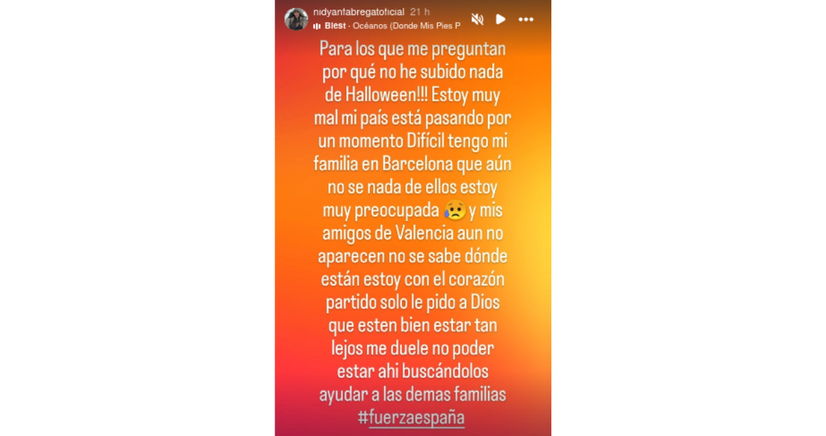 Publicación de Nidyan Fabregat en Instagram sobre su familia en España tras paso de DANA