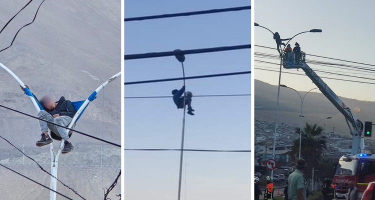 Realizan amplio operativo para rescatar a sujeto que se encontraba durmiendo en un poste en Iquique