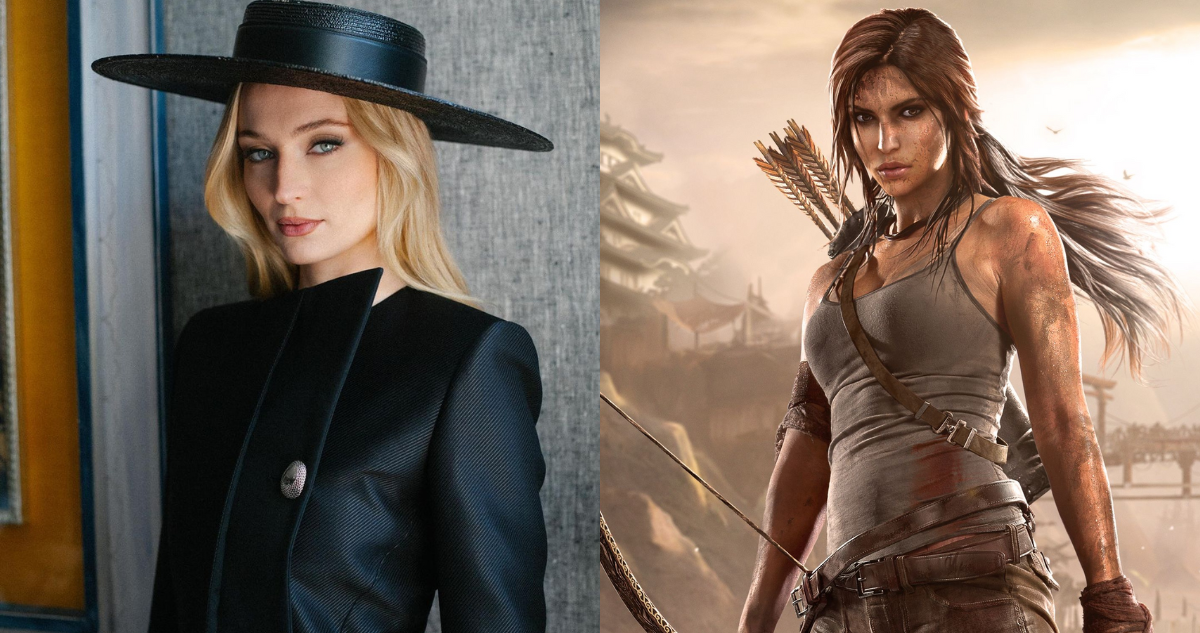 Sophie Turner y captura del videojuego Tomb Raider en referencia a su próximo papel como Lara Croft