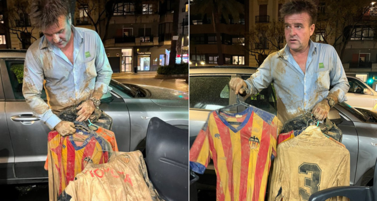 Hincha de Valencia rescata camisetas de un subterráneo inundado por caóticas lluvias.