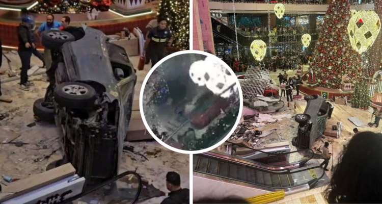 Vehículo caer desde un cuarto piso en centro comercial y por poco aplasta a visitantes en Guatemala