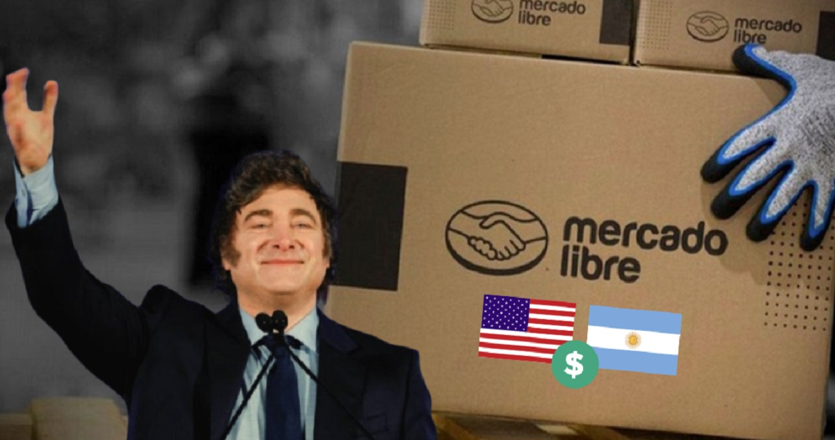Javier Milei de frente y al fondo una temática de cajas de compras en el exterior de Mercado Libre.