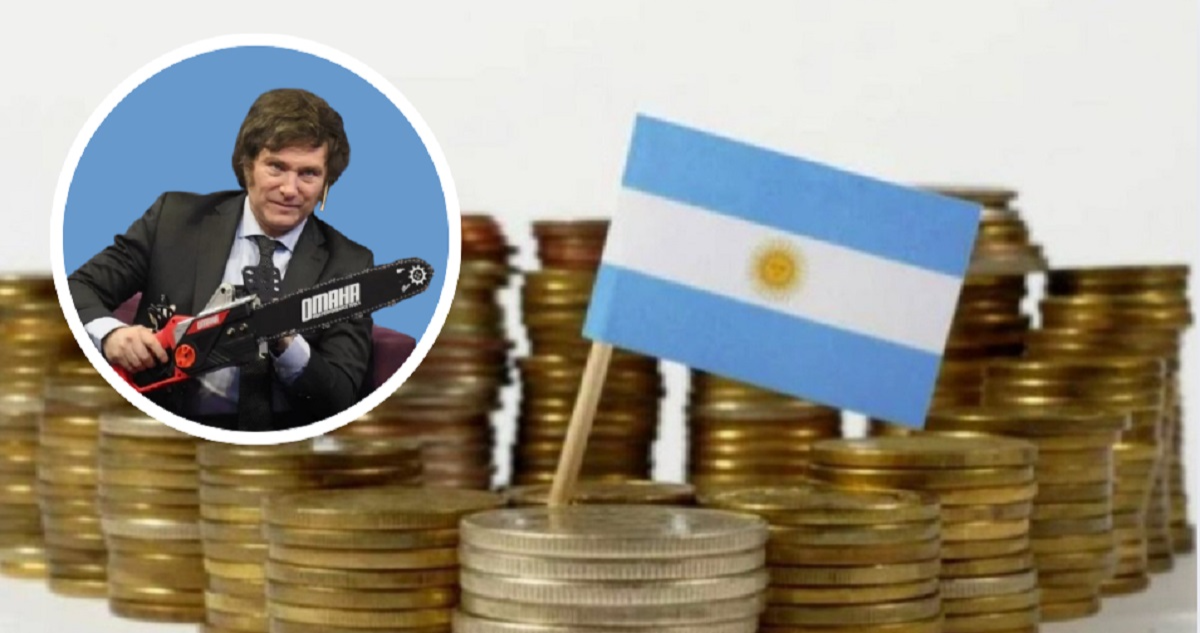 Imagen del presidente Javier Milei con la motosierra, de fondo una ilustración de las finanzas argentinas