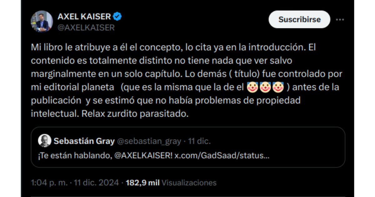 Tweet de Axel Kaiser respecto a acusaciones de plagio