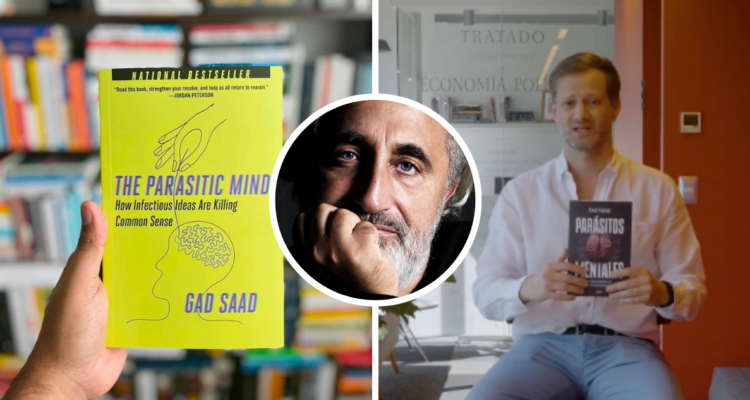 Axel Kaiser junto a su libro “Parasitos mentales” y autor Gad Saad en miniatura junto a libro “la mente parasitaría”