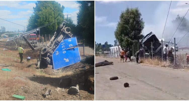 Camioneta termina volcada tras chocar con poste y señalética en Freire