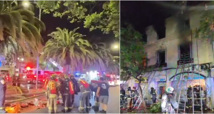 Incendio afecta a casona de tres pisos en pleno centro de Santiago: se reportan bomberos lesionados