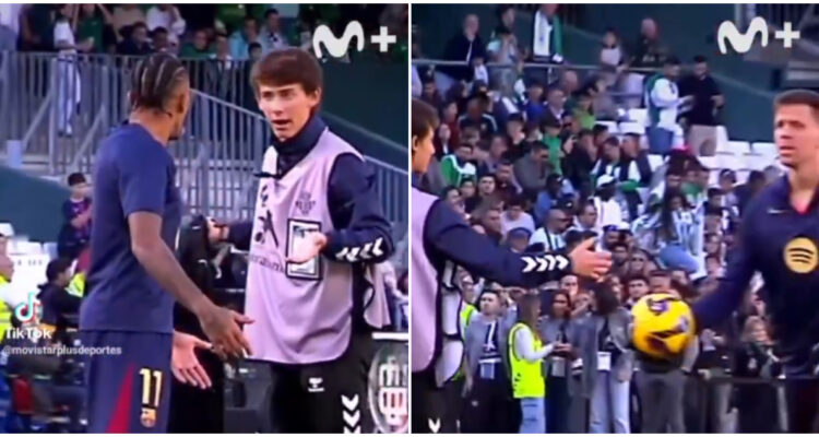 jugadores del FC Barcelona junto al pasapelotas del Betis